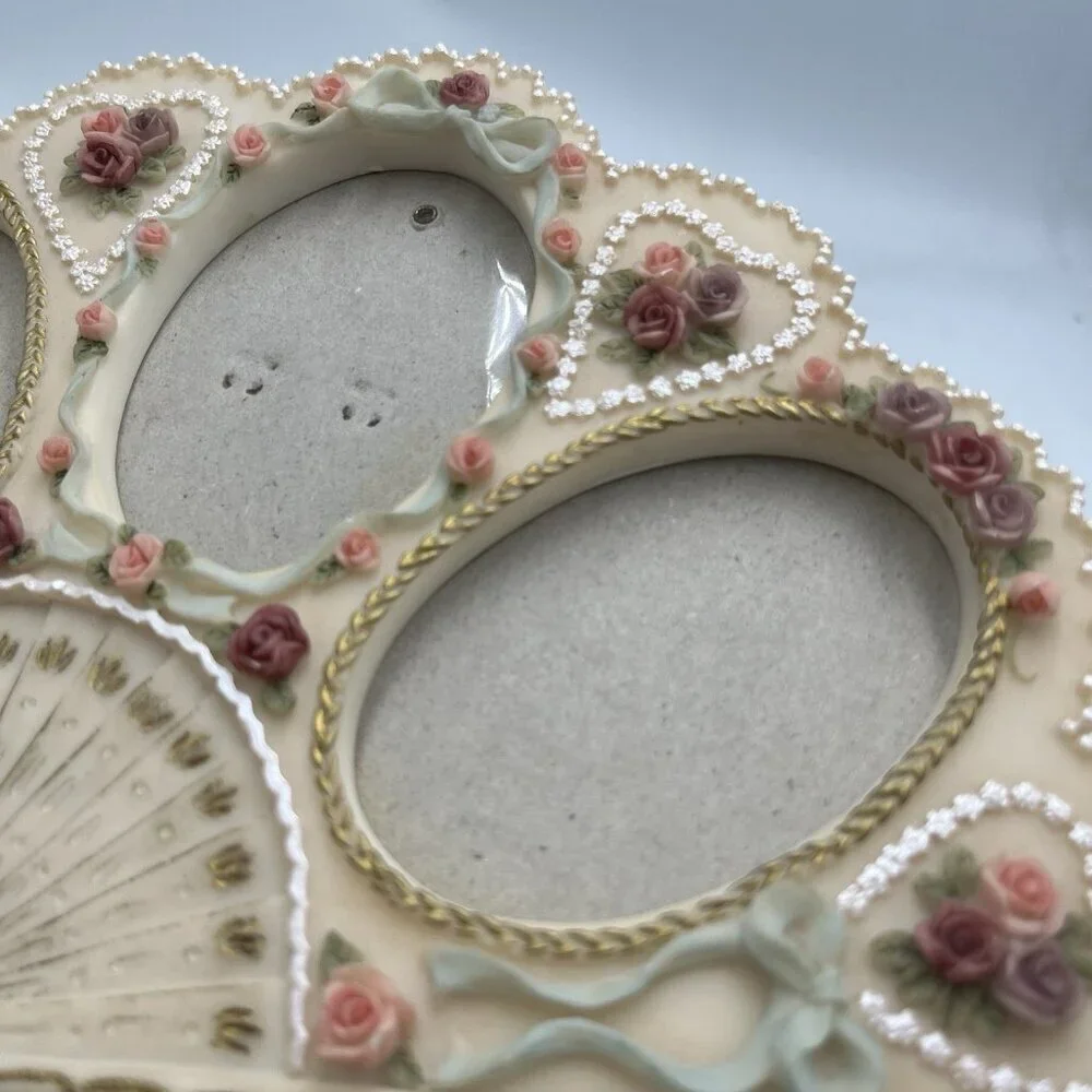 Dezine Victorian Style 3 Photo Picture Frame Hand Fan Shaped Boudoir Vanity 90s